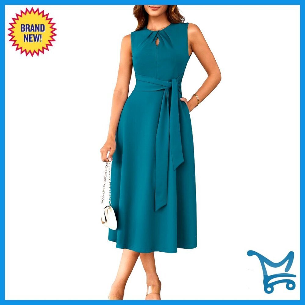 Sleeveless Tie Waist A-Line Midi Dress with Pockets for Work Cocktail